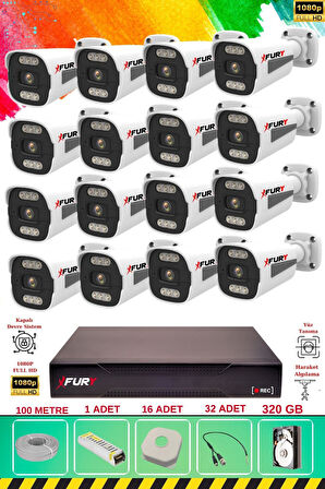 FURY 16 Kameralı 6 Warm Led Gece Renkli Görüş-Cepten İzle-Su Geçirmez Güvenlik Kamerası Seti 320GB