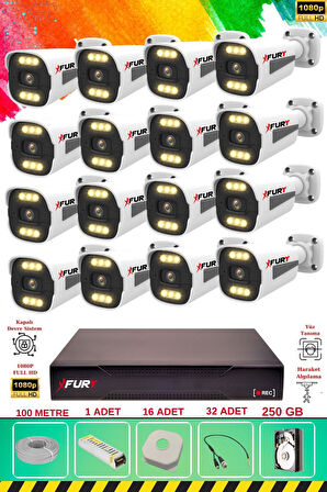 FURY 16 Kameralı 6 Warm Led Gece Renkli Görüş-Cepten İzle-Su Geçirmez Güvenlik Kamerası Seti 250GB