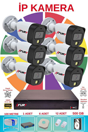 FURY 6 lı Ip Güvenlik Kamera Seti Sesli 4mp Gece Renkli Su Geçirmez 5515s 500GB