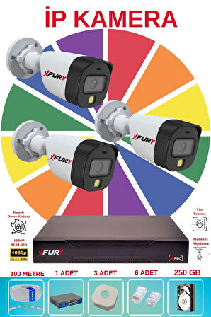FURY 3 Lü Ip Güvenlik Kamera Seti Sesli 4mp Gece Renkli Su Geçirmez 5515s 250GB