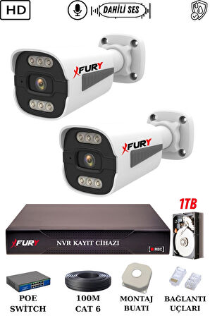 FURY 2 Kameralı Ip Güvenlik Kamerası Seti Sesli 4mp Gece Renkli Su Geçirmez 1506s 1TB
