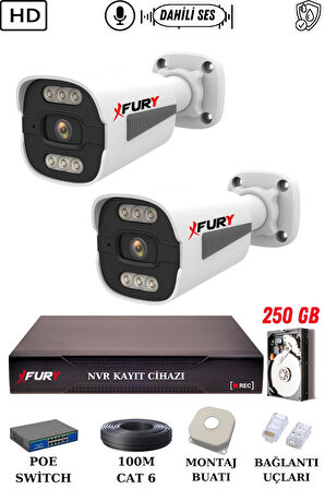 FURY 2 Kameralı Ip Güvenlik Kamerası Seti Sesli 4mp Gece Renkli Su Geçirmez 1506s 250GB