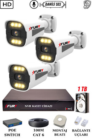 FURY 3 Kameralı Ip Güvenlik Kamerası Seti Sesli 4mp Gece Renkli Su Geçirmez 1506s 1TB
