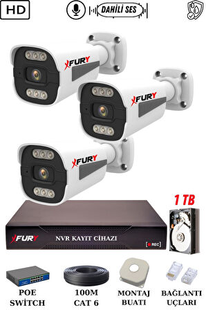 FURY 3 Kameralı Ip Güvenlik Kamerası Seti Sesli 4mp Gece Renkli Su Geçirmez 1506s 1TB