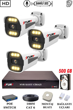 FURY 3 Kameralı Ip Güvenlik Kamerası Seti Sesli 4mp Gece Renkli Su Geçirmez 1506s 500GB