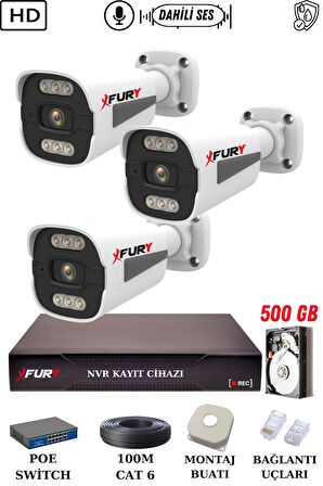 FURY 3 Kameralı Ip Güvenlik Kamerası Seti Sesli 4mp Gece Renkli Su Geçirmez 1506s 500GB