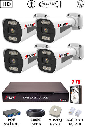 FURY 4 Kameralı Ip Güvenlik Kamerası Seti Sesli 4mp Gece Renkli Su Geçirmez 1506s 1TB