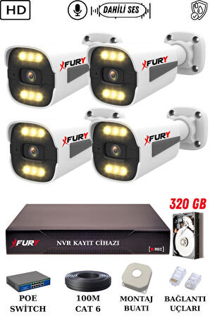 FURY 4 Kameralı Ip Güvenlik Kamerası Seti Sesli 4mp Gece Renkli Su Geçirmez 1506s 320GB
