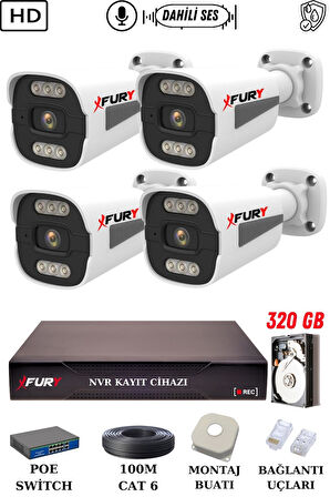 FURY 4 Kameralı Ip Güvenlik Kamerası Seti Sesli 4mp Gece Renkli Su Geçirmez 1506s 320GB