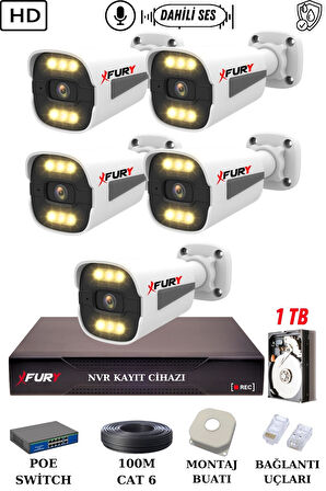 FURY 5 Kameralı Ip Güvenlik Kamerası Seti Sesli 4mp Gece Renkli Su Geçirmez 1506s 1TB