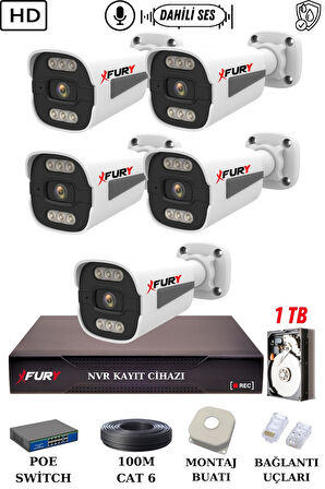 FURY 5 Kameralı Ip Güvenlik Kamerası Seti Sesli 4mp Gece Renkli Su Geçirmez 1506s 1TB