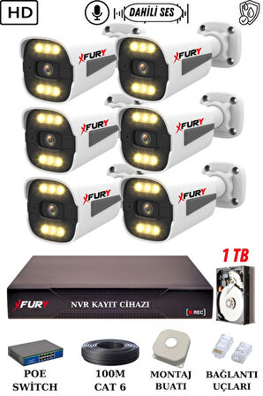 FURY 6 Kameralı Ip Güvenlik Kamerası Seti Sesli 4mp Gece Renkli Su Geçirmez 1506s 1TB
