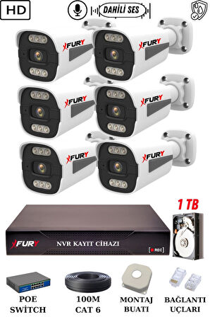 FURY 6 Kameralı Ip Güvenlik Kamerası Seti Sesli 4mp Gece Renkli Su Geçirmez 1506s 1TB