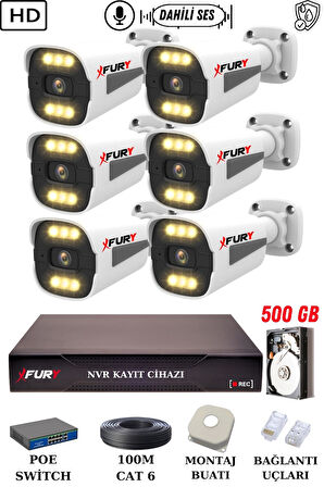 FURY 6 Kameralı Ip Güvenlik Kamerası Seti Sesli 4mp Gece Renkli Su Geçirmez 1506s 500GB