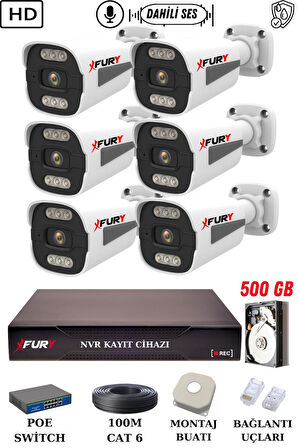 FURY 6 Kameralı Ip Güvenlik Kamerası Seti Sesli 4mp Gece Renkli Su Geçirmez 1506s 500GB
