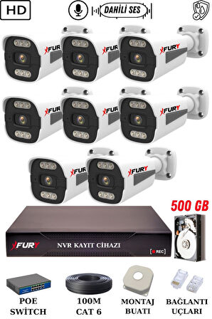 FURY 8 Kameralı Ip Güvenlik Kamerası Seti Sesli 4mp Gece Renkli Su Geçirmez 1506s 500GB