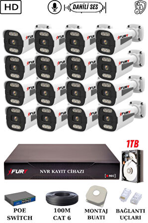 FURY 16 Kameralı Ip Güvenlik Kamerası Seti Sesli 4mp Gece Renkli Su Geçirmez 1506s 1TB
