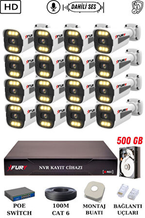 FURY 16 Kameralı Ip Güvenlik Kamerası Seti Sesli 4mp Gece Renkli Su Geçirmez 1506s 500GB
