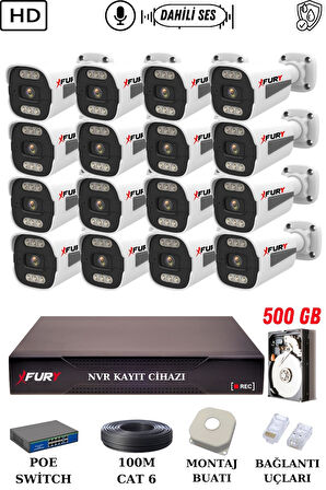 FURY 16 Kameralı Ip Güvenlik Kamerası Seti Sesli 4mp Gece Renkli Su Geçirmez 1506s 500GB