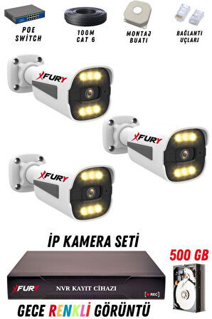FURY 3 Kameralı Ip Güvenlik Kamerası Seti 4mp Gece Renkli Su Geçirmez 1506 500GB