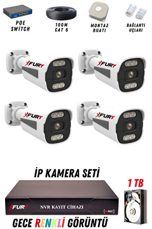 FURY 4 Kameralı Ip Güvenlik Kamerası Seti 4mp Gece Renkli Su Geçirmez 1506 1TB