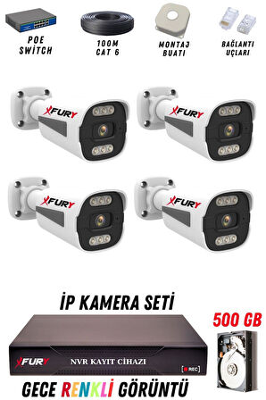 FURY 4 Kameralı Ip Güvenlik Kamerası Seti 4mp Gece Renkli Su Geçirmez 1506 500GB