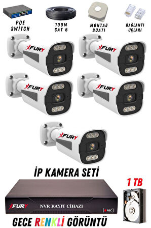FURY 5 Kameralı Ip Güvenlik Kamerası Seti 4mp Gece Renkli Su Geçirmez 1506 1TB