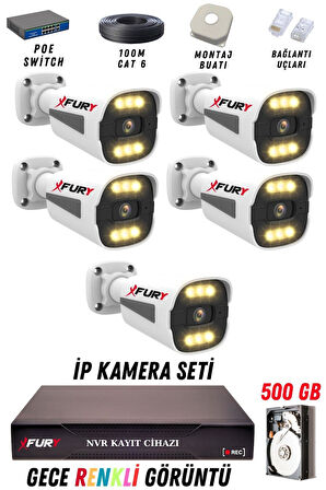 FURY 5 Kameralı Ip Güvenlik Kamerası Seti 4mp Gece Renkli Su Geçirmez 1506 500GB