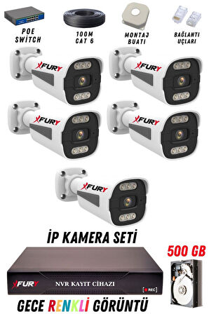 FURY 5 Kameralı Ip Güvenlik Kamerası Seti 4mp Gece Renkli Su Geçirmez 1506 500GB