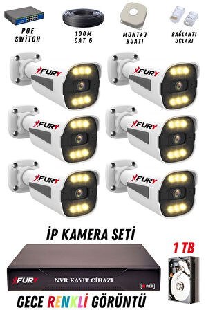 FURY 6 Kameralı Ip Güvenlik Kamerası Seti 4mp Gece Renkli Su Geçirmez 1506 1TB