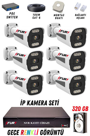 FURY 6 Kameralı Ip Güvenlik Kamerası Seti 4mp Gece Renkli Su Geçirmez 1506 320GB