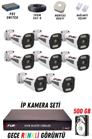 FURY 8 Kameralı Ip Güvenlik Kamerası Seti 4mp Gece Renkli Su Geçirmez 1506 500GB