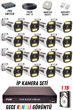 FURY 16 Kameralı Ip Güvenlik Kamerası Seti 4mp Gece Renkli Su Geçirmez 1506 1TB