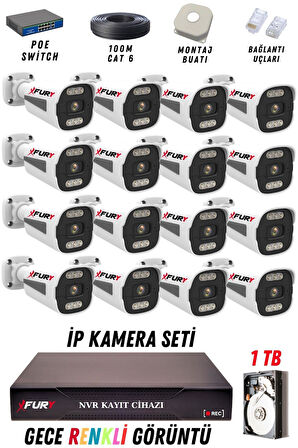 FURY 16 Kameralı Ip Güvenlik Kamerası Seti 4mp Gece Renkli Su Geçirmez 1506 1TB