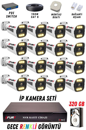 FURY 16 Kameralı Ip Güvenlik Kamerası Seti 4mp Gece Renkli Su Geçirmez 1506 320GB