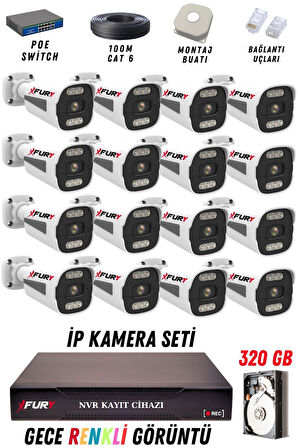 FURY 16 Kameralı Ip Güvenlik Kamerası Seti 4mp Gece Renkli Su Geçirmez 1506 320GB
