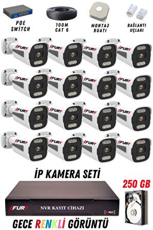 FURY 16 Kameralı Ip Güvenlik Kamerası Seti 4mp Gece Renkli Su Geçirmez 1506 250GB