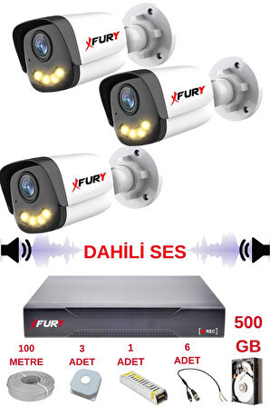 FURY 3 LÜ Sesli Gece Renkli Görüş Güvenlik Kamerası Su Geçirmez Güvenlik Kamerası Seti 5590s 500GB
