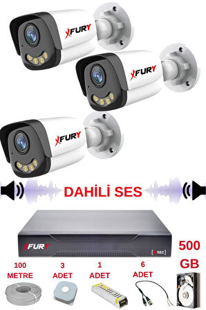 FURY 3 LÜ Sesli Gece Renkli Görüş Güvenlik Kamerası Su Geçirmez Güvenlik Kamerası Seti 5590s 500GB