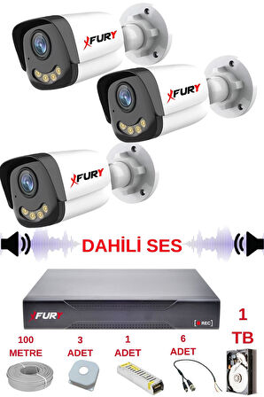 FURY 3 LÜ Sesli Gece Renkli Görüş Güvenlik Kamerası Su Geçirmez Güvenlik Kamerası Seti 5590s 1TB