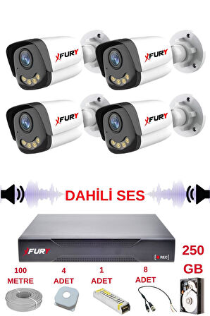 FURY 4 LÜ Sesli Gece Renkli Görüş Güvenlik Kamerası Su Geçirmez Güvenlik Kamerası Seti 5590s 250GB