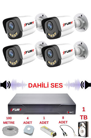 FURY 4 LÜ Sesli Gece Renkli Görüş Güvenlik Kamerası Su Geçirmez Güvenlik Kamerası Seti 5590s 1TB