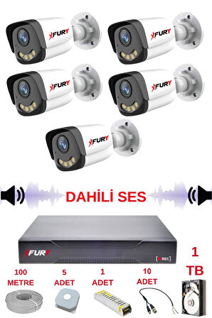 FURY 5 li Sesli Gece Renkli Görüş Güvenlik Kamerası Su Geçirmez Güvenlik Kamerası Seti 5590s 1TB