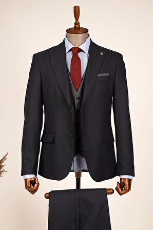 Guild Fermana Slim Fit Lacivert Ekoseli Takım Elbise