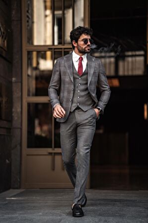 Guild Fermana Slim Fit Gri Ekoseli Takım Elbise