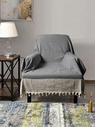 Buldan İşi Kolları Örten Pamuklu Tekli Koltuk Berjer Örtüsü 180x150 cm Pamuk Dokuma - ANTRASİT 