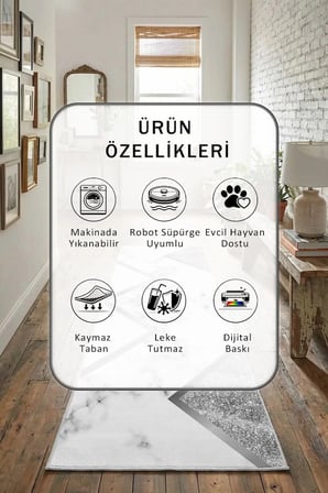 Üçgen Yıkanabilir Yolluk Halı Kaymaz Taban Salon Mutfak Açık Gri