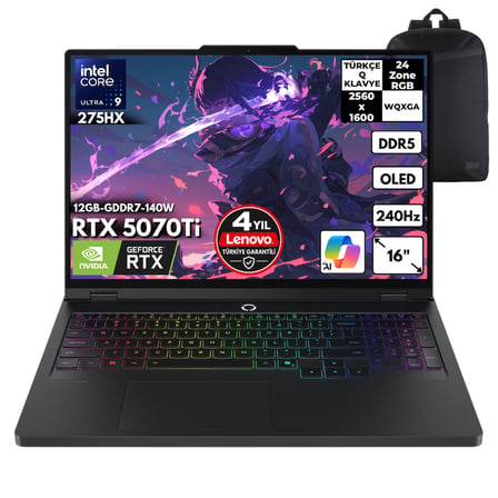Lenovo Legion Pro 5 16IAX10H Ultra 9-275HX 48 -GBDDR5 1 TBSSD RTX5070Ti (12 GB-GDDR7-140W) 16" WQXGA OLED 240Hz Windows 10 Home + HMF Sırt Çantası 83LU004ETRHMF51