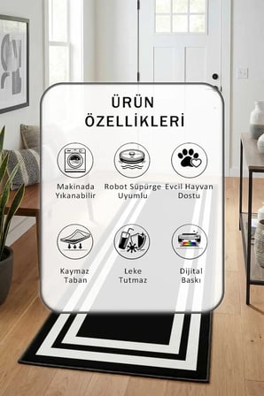 Çerçeve Siyah Beyaz Yıkanabilir Kaymaz Taban Dijital Baskılı Yolluk Halı Beyaz Siyah