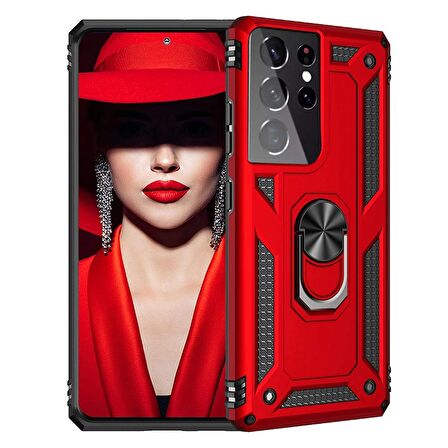 Gpack Samsung Galaxy S21 Ultra 5G Kılıf Tank Koruma Vega Standlı Yüzüklü Mıknatıslı